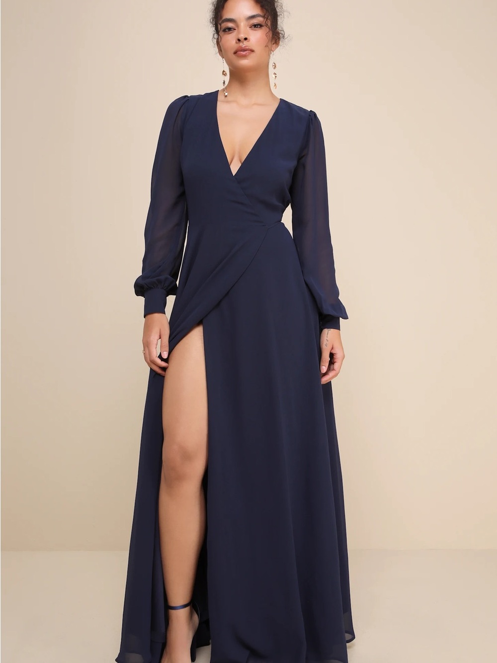 Lulu's Navy Long Sleeve V-Neck Wrap Maxi Dress with High Slit